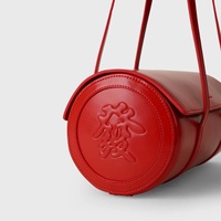 Sac de Mahjong en Cuir Lisse avec Logo Personnalisé en Relief, Sac Cylindrique Rouge en Cuir Vegan, Sac de Voyage Portable pour Mahjong