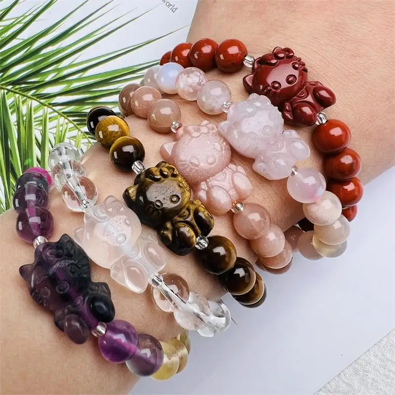Natural Gemstone Bead Bracelet Healing Crystal Adjustable Stretch Bracelet Kitty Carvings for Men Women Bangles