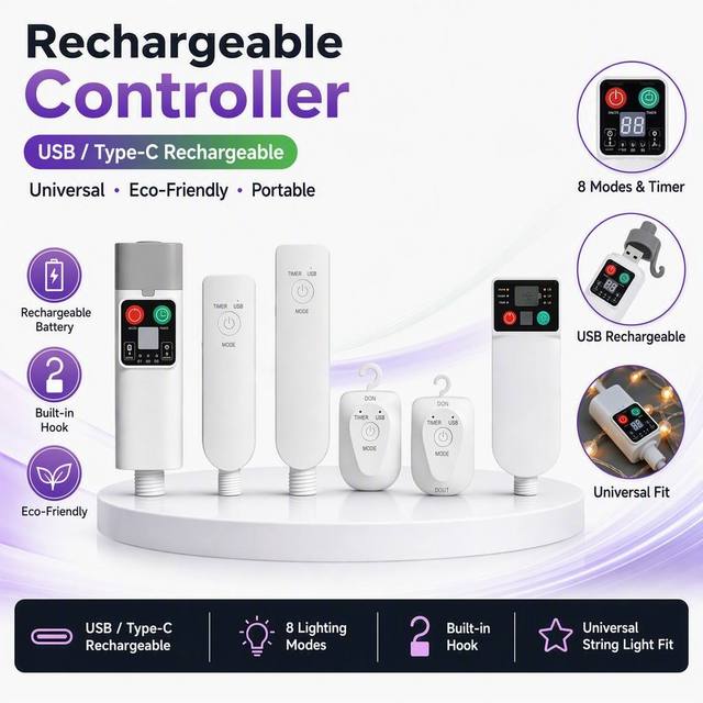 USB Rechargeable Controller for LED String Lights 8 Modes Timer Built in Hook Type C Universal Fit Energy Saving Portable