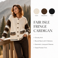 Cardigan jacquard géométrique rétro pour femme, col rond, boutons sur le devant, manches longues, pull en tricot avec détails de poches à franges