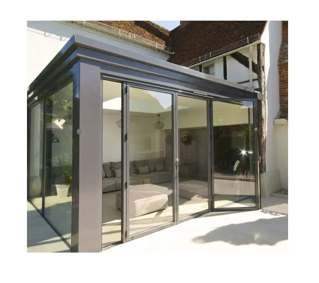 Moderne Stijl Glazen Serre Aluminium Frame Met Vouwen Swing Deur Beroep Hardware Schuin Dak