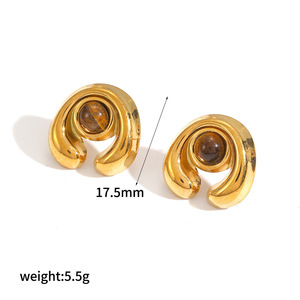 Geometric <b>Gold</b> Tone <b>Ring</b> And Earrings <b>Set</b> With Pearl And Amber Inlay Stainless Steel Jewelry Gift For Women - Product Image 4