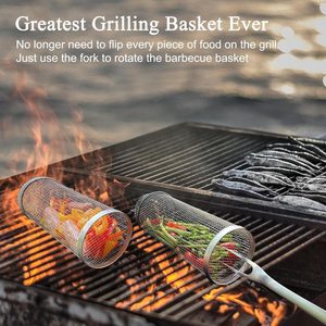 Stainless <strong>Steel</strong> Wire Mesh Cylinder Grill Basket BBQ Rolling Grill Tool Sets Food Grade Heat Resistant for Outdoor - Product Image 2