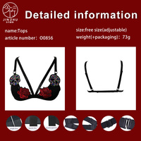 Bra Jaring Hitam Wanita dengan Patch Tengkorak Warna-warni, Bordir Mawar Merah, Harness Model Sangkar, Tali Dapat Disesuaikan, Lingerie Top Gothic Punk Rave