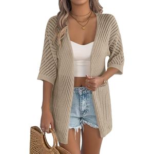Cárdigan ligero de verano para mujer, manga corta, cuello en V, tejido calado, frente abierto, ropa informal - Product Image 1