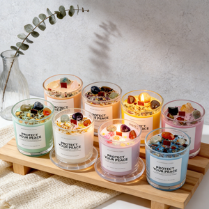 Venta al por mayor de fábrica: Vela aromática ecológica hecha a mano de cera de soja en frasco de vidrio con cristal, mecha de madera y flores secas de colores. - Product Image 3