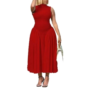 Vestido plisado sin mangas de cuello alto y cintura alta de color liso para mujer, a la moda, al por mayor - Product Image 3