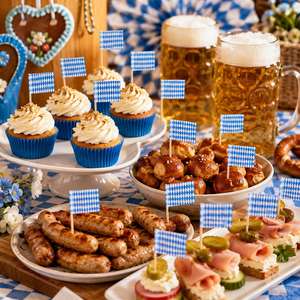 Lot de 100 pics à cocktail et cure-dents décoratifs pour fête de la bière, motif à carreaux bleus et blancs, drapeau bavarois, pour l'Oktoberfest - Product Image 2