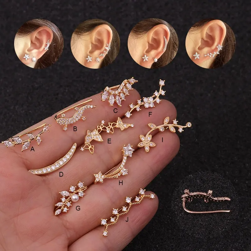 Anting-Anting Klip Telinga Zirkon Geometris Cuff Telinga Bunga Daun Bintang untuk Wanita Trend Perhiasan Tindik Grosir