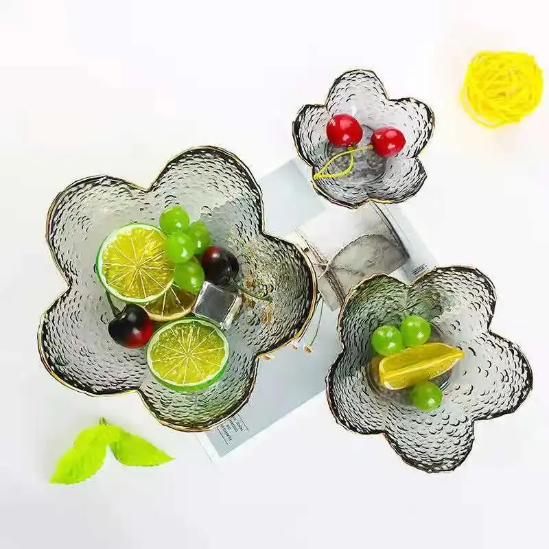 Cuenco de vidrio transparente con forma de etal para ensalada de frutas y verduras, cuenco de postre antiguo con imágenes de flores de cerezo