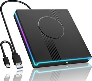 Lecteur de CD/<span class=keywords><strong>DVD</strong></span> externe RGB avec USB 3.0 Type-C, <span class=keywords><strong>graveur</strong></span> portable ultra-fin CD/<span class=keywords><strong>DVD</strong></span> +/-RW <span class=keywords><strong>pour</strong></span> ordinateur portable, ordinateur de bureau, <span class=keywords><strong>Mac</strong></span>, Windows - Product Image 1