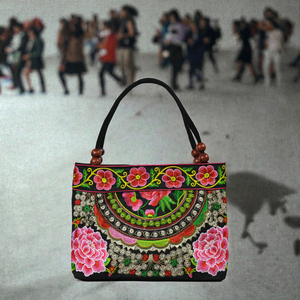 Ethnic Canvas Embroidery <b>Handbag</b> Zipper Closure Foldable Lightweight Durable <b>Small</b> Capacity Women's Travel Bag Wholesale - Product Image 2