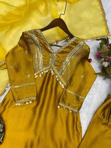 Traditional Indian Designer Ethnic <b>Wardrobe</b> Kurtis Pant With Dupatta Set Latest Collection <b>Mirror</b> Work for Womens and Girls - Product Image 2