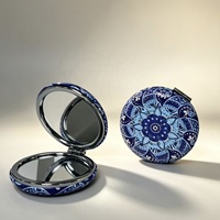 Cermin Kompak Pola Mandala Biru Vintage, Cermin Rias Saku Lipat Dua Sisi, Cermin Kosmetik Portabel untuk Perjalanan, Cocok untuk Hadiah