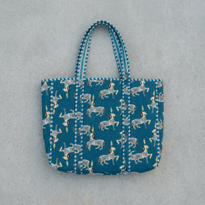 Indian Hand Block Printed <b>Quilted</b> Cotton Tote <b>Bag</b>, Blue Zebra Print Shoulder <b>Bag</b> for Women, Travel & Shopping Wholesale - Product Image 1