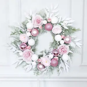 Pink Christmas Wreath With Ball Merry Christmas Front Door Ornament Wall Artificial Pine Garland for Party Decor 13 Inches