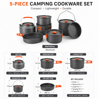 Ensemble de cuisine de camping compact 5 pièces en aluminium anodisé dur antiadhésif, personnalisable OEM/ODM, avec bouilloire, marmite suspendue et poêle à frire