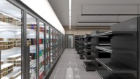 Équipement de supermarché complet : rayonnages gondole double face robustes en bois et métal, sur mesure