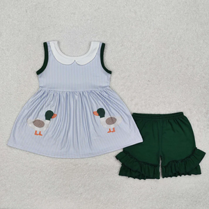 Conjunto de ropa de verano para niñas, túnica con estampado de pato, pantalones cortos verdes - Product Image 1