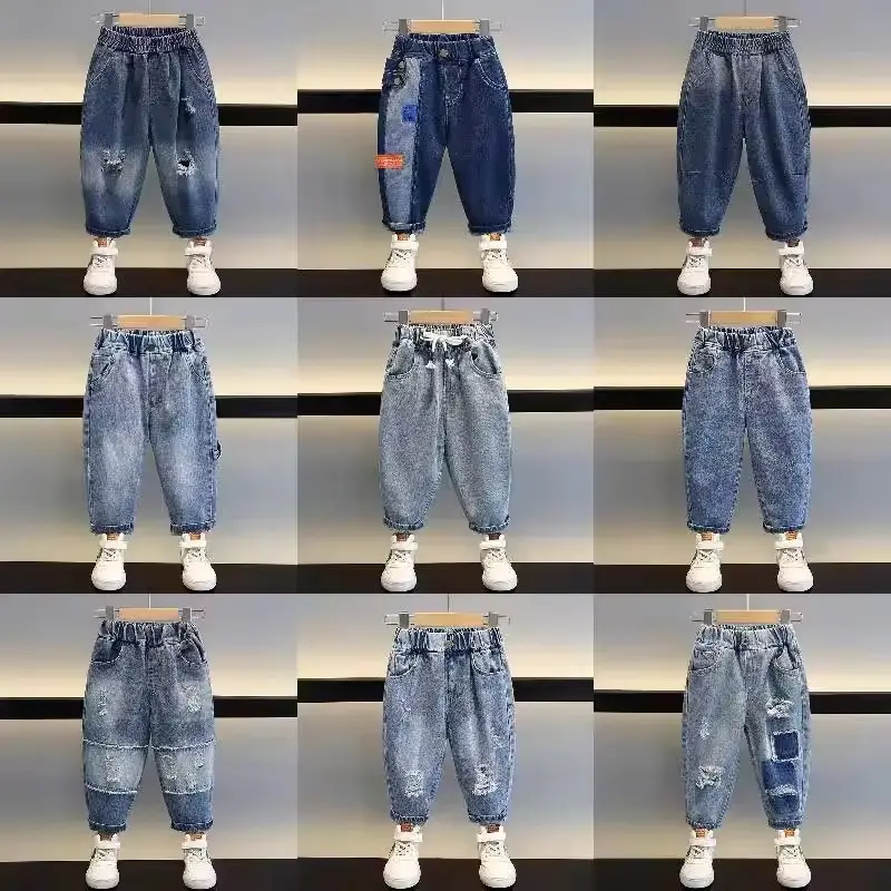 New Design Kids Denim Jeans Full Length Black Blue Jeans Boys Elastic Waist Pants Children's Clothing
