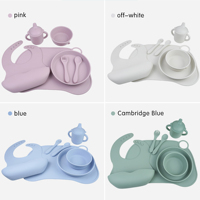 Ensemble de 7 pièces en silicone pour bébé, sans BPA, assiettes à ventouse, bol, bavoir, set de table, cuillère, fourchette, tasse à bec, kit de vaisselle pour tout-petits - Vente en gros