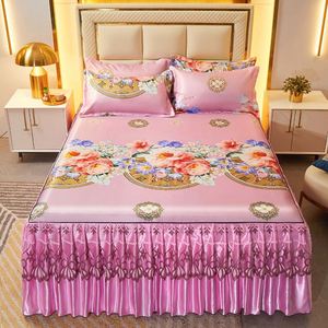 Jupe <span class=keywords><strong>de</strong></span> <span class=keywords><strong>lit</strong></span> en soie glacée avec dentelle, style parisien, motif fleurs, pour l'été, ensemble <span class=keywords><strong>de</strong></span> literie avec 2 taies <span class=keywords><strong>d</strong></span>'oreiller + jupe <span class=keywords><strong>de</strong></span> <span class=keywords><strong>lit</strong></span>, tailles Full, Queen, King - Product Image 1