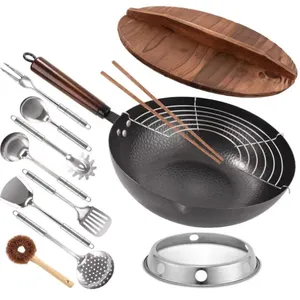 Большая железная сковорода с антипригарным покрытием и деревянной ручкой, наборы посуды для вока, кованая без покрытия, оптовая продажа Amazon Hot, 32 см