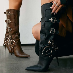 Custom Metal Buckles up High Slim Heels Women Knee High Boots Western Styles Pointed Toe Mid Calf Booties on Brown <b>Shoes</b> - Product Image 2