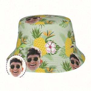 Custom Unisex Summer Bucket <b>Hat</b> with Tropical Pineapple Flower Pattern Personalized Cartoon Face Design Breathable Travel Cap - Product Image 2