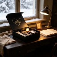 Coffret Cadeau Souvenir Noir avec Carte, Fleurs Séchées, Bougie Chauffe-Plat, Stylo, Mini Cadre, Emballage Fenêtre Enneigée, Ensemble Cadeau Bougie en Gros