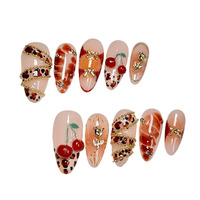 Kuku Akrilik Buatan Tangan 3D Motif Bunga Berkualitas Tinggi Cat Eye Pendek Almond Sedang Persegi