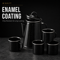 Cafetière en émail noir avec logo personnalisé et tasses, ensemble bouilloire à thé vintage pour le camping, vente en gros, cadeaux à marque privée, packs de vente au détail