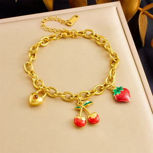 Fashionable Fruit Charm Bracelet Gold Plated Zinc Alloy Unisex Jewelry Strawberry Cherry Pendant Light Luxury Style - Product Image 4