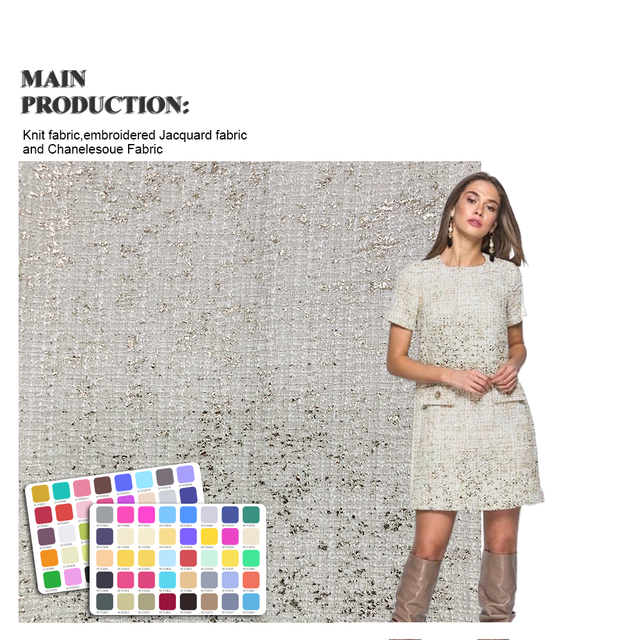 New Fashion Design 100% Polyester White Woven Hot Stamping Chanelstyle Fabric for Clothing