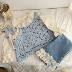Tongxingyuan Girls 3 Piece Set Lace Collar Shirt Knitted Vest Flared Jeans Cotton Spring Outfit - Product Image 3