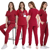 Ensembles d'uniformes médicaux de gros bordeaux à col en V, pantalon jogger taille élastique avec cordon de serrage, tenues médicales tendance