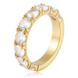 yunnique Stainless Steel <b>Ring</b> Gold Color Diamond Encrusted Prong Setting Women's Engagement Jewelry - Product Image 1
