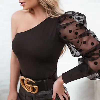 2021 New Fashion summer black shirts tops puff Transparent Long Sleeve Sexy ladies' blouses