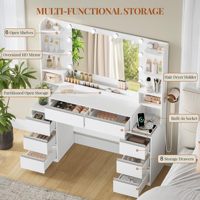 Miroir de coiffeuse avec 10 lumières LED réglables 3 couleurs, support de sèche-cheveux, 8 tiroirs, éclairage dimmable et écologique