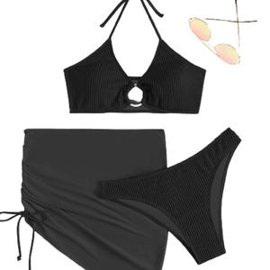Conjunto de Traje de Baño de Lujo de 3 Piezas para Mujer, Diseño 3D Personalizado, Bikini con Anillo Halter, Falda de Playa, Bikini Triangular con Pedrería - Product Image 1