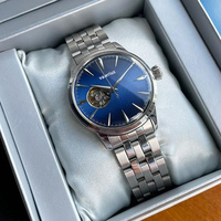 Jam Tangan Otomatis Valerius Men, Dial Sunburst Biru Open Heart Skeleton, Gelang Baja Tahan Karat, Jam Tangan Bisnis