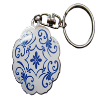 Porte-clés moderne personnalisé double face motif floral bleu et impression de découpe à bord festonné unique pour cadeaux