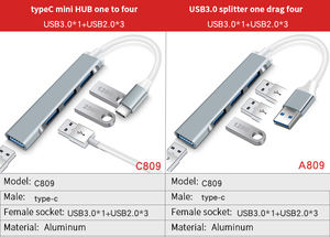 Hub USB 2.0 USB 3.0 Type C <span class=keywords><strong>4</strong></span> en 1, adaptateur multi-splitter <span class=keywords><strong>4</strong></span> ports haute vitesse OTG, aluminium externe - Product Image 2