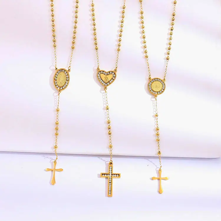 Hot Selling Religiöses Kreuz Unisex Guadalupe Goldschmuck Frauen Rosenkränze Geschenk Halskette Kristall Charme Gold Gefüllte Rosenkranz zubehör