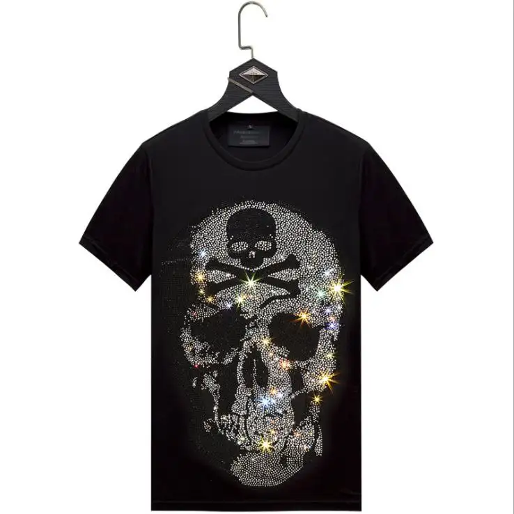 Stylish branded t shirts custom men rhinestone transfer t-shirt custom logo skull print rhinestone tshirt for men