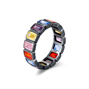S925 Silver Geometric <b>Ring</b> Black Rhodium Plated Bezel Set <b>Crystal</b> Rhinestone Unisex Everyday Wear Trendy Gemstone Band - Product Image 1