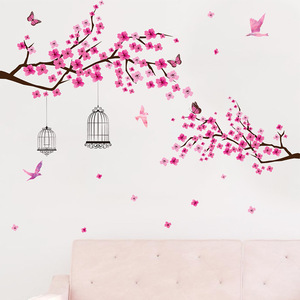 Rose pêche <span class=keywords><strong>arbre</strong></span> branches oiseau cage sticker mural salon chambre fond <span class=keywords><strong>d</strong></span>écoration papier peint PVC autocollant - Product Image 3