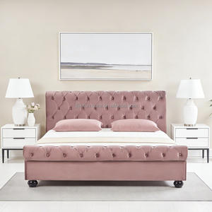 Factory Wholesale Double Queen King Size Velvet Fabric Upholstered Soft Platform Chesterfield <strong>Sleigh</strong> <strong>Bed</strong> With Fabric Buttons - Product Image 1