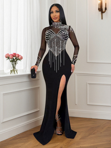 Chiffon Diamond-Encrusted Chain Evening Gown, Formal Long-Sleeve Asymmetrical <b>Split</b> <b>Dress</b> for Women - Product Image 3