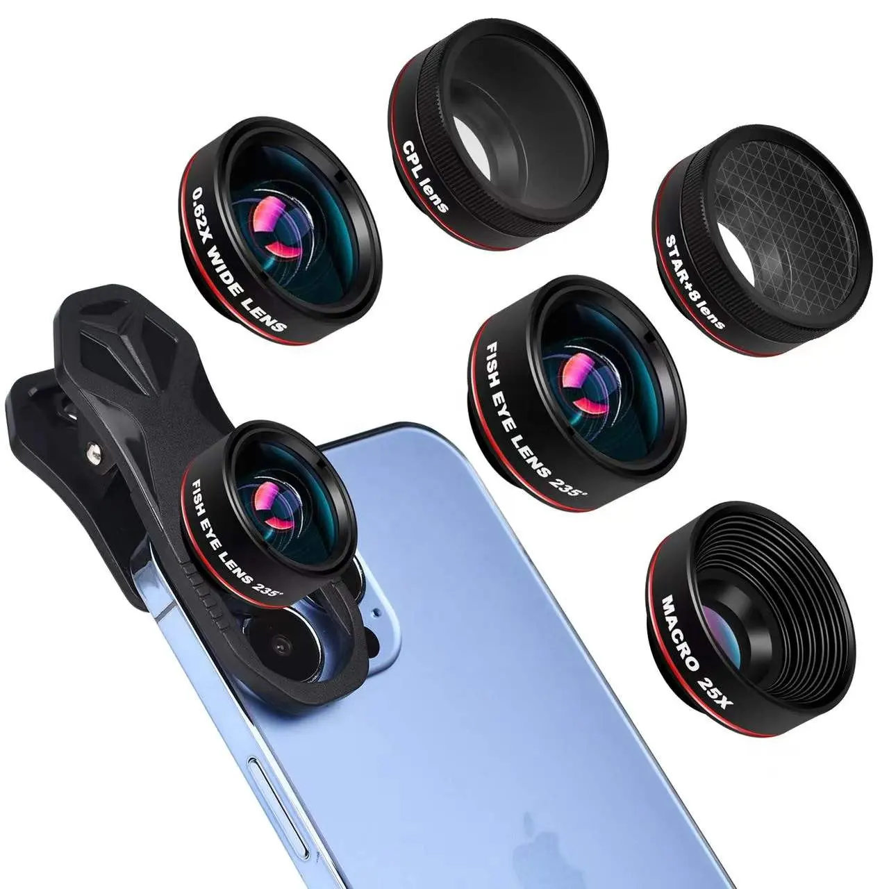 Lente de ojo de pez 5 en 1 para iPhone, Samsung Pixel, BlackBerry, etc., con Clip, lente de teléfono móvil, fotos divertidas, 180